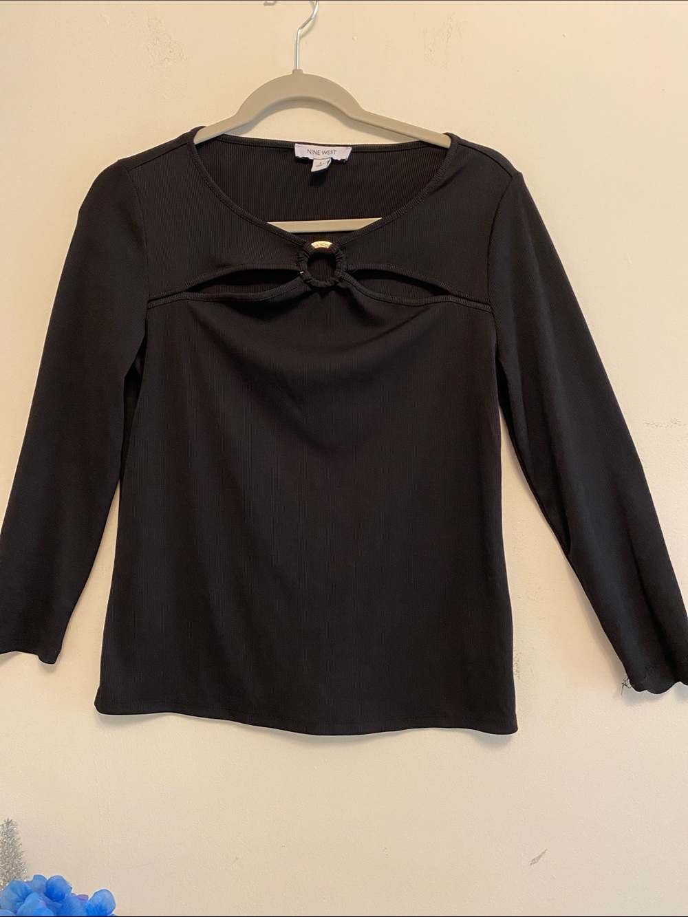 Anne Klein Black Long Sleeve Top with Front Ring Detail